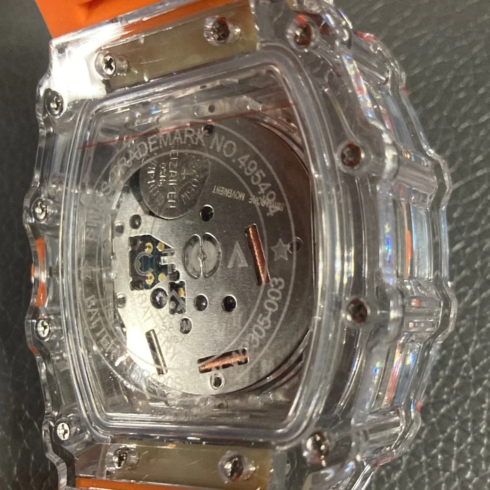 Activa Watch w/ Skeleton Dial 44.3mm, Orange strap/clear face (ACW2305-003)